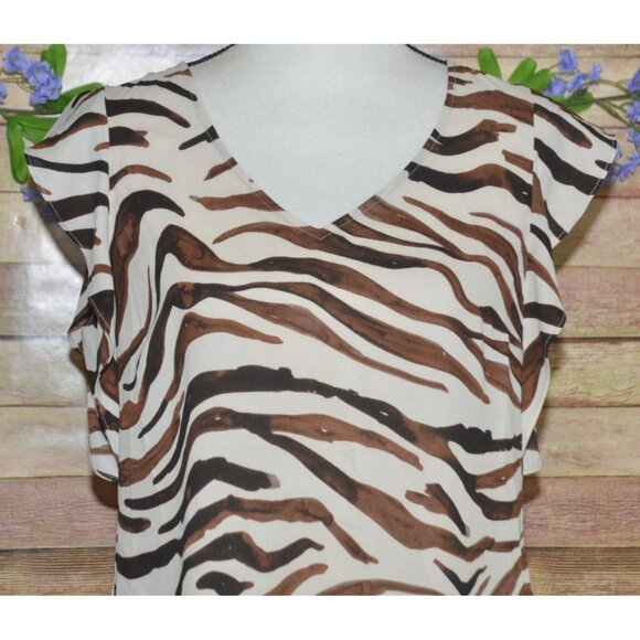 Cabi Ladies Brown Animal Tiger Print V-Neck Cap Sleeve Blouse Top Size S Light - Picture 2 of 9